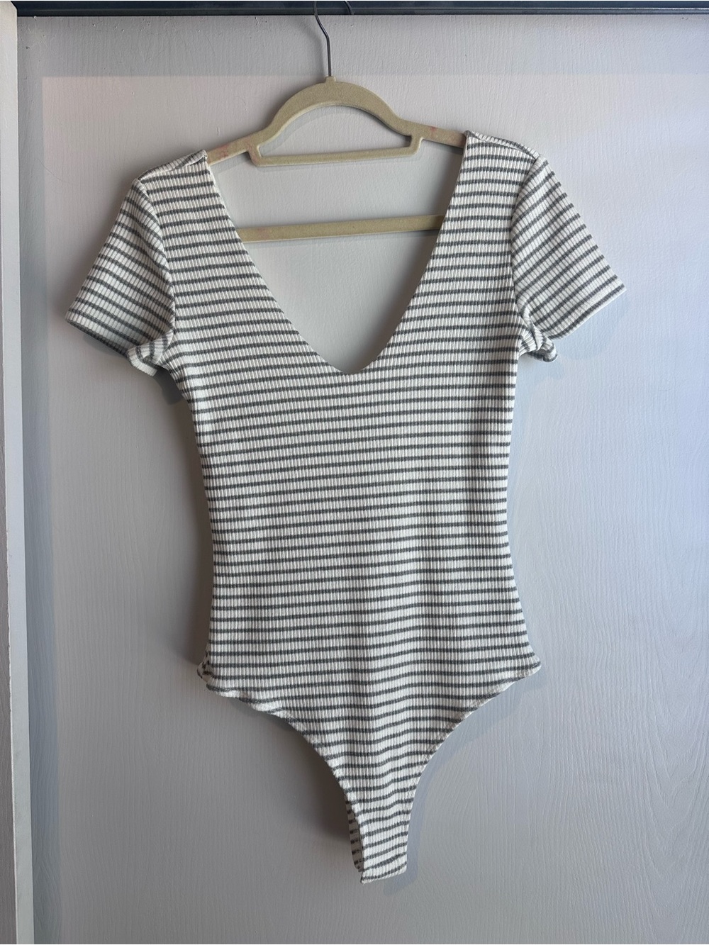Lulu's White & Gray Striped Ribbed Bodysuit. Worn once - Picture 1 of 5